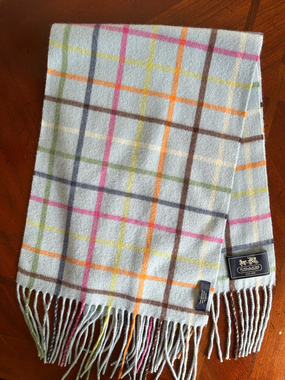 Coach Pastel Plaid Fringed Wool Scarf in Light Blue